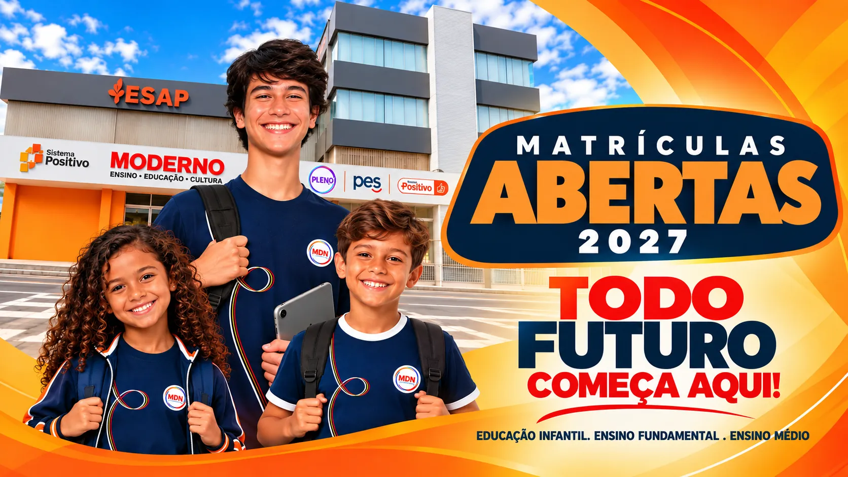 Matrículas abertas 2027 no Colégio Moderno: todo futuro começa aqui. Educação Infantil, Ensino Fundamental e Ensino Médio.